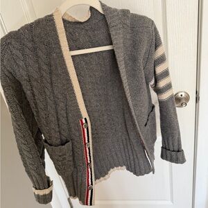 Gray and Cream Cable Knit Cardigan with Striped Sleeves